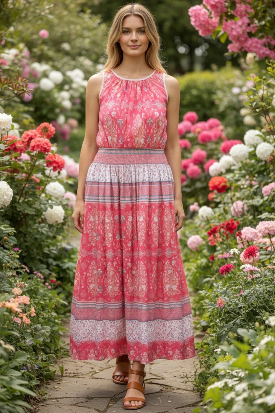 Eshakti Womens Sleeveless Floral Paisley Maxi Dress Plus Size 16 Pink NWOT